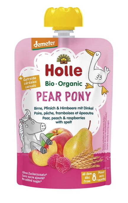 PÜREE IN DER TUBE „BIRNEN-PONY“ (BIRNE – PFIRSICH – HIMBEERE – DINKEL) OHNE ZUCKERZUSATZ AB DEM 8. MONAT DEMETER BIO 100 g – HOLLE MHD: 09-2026