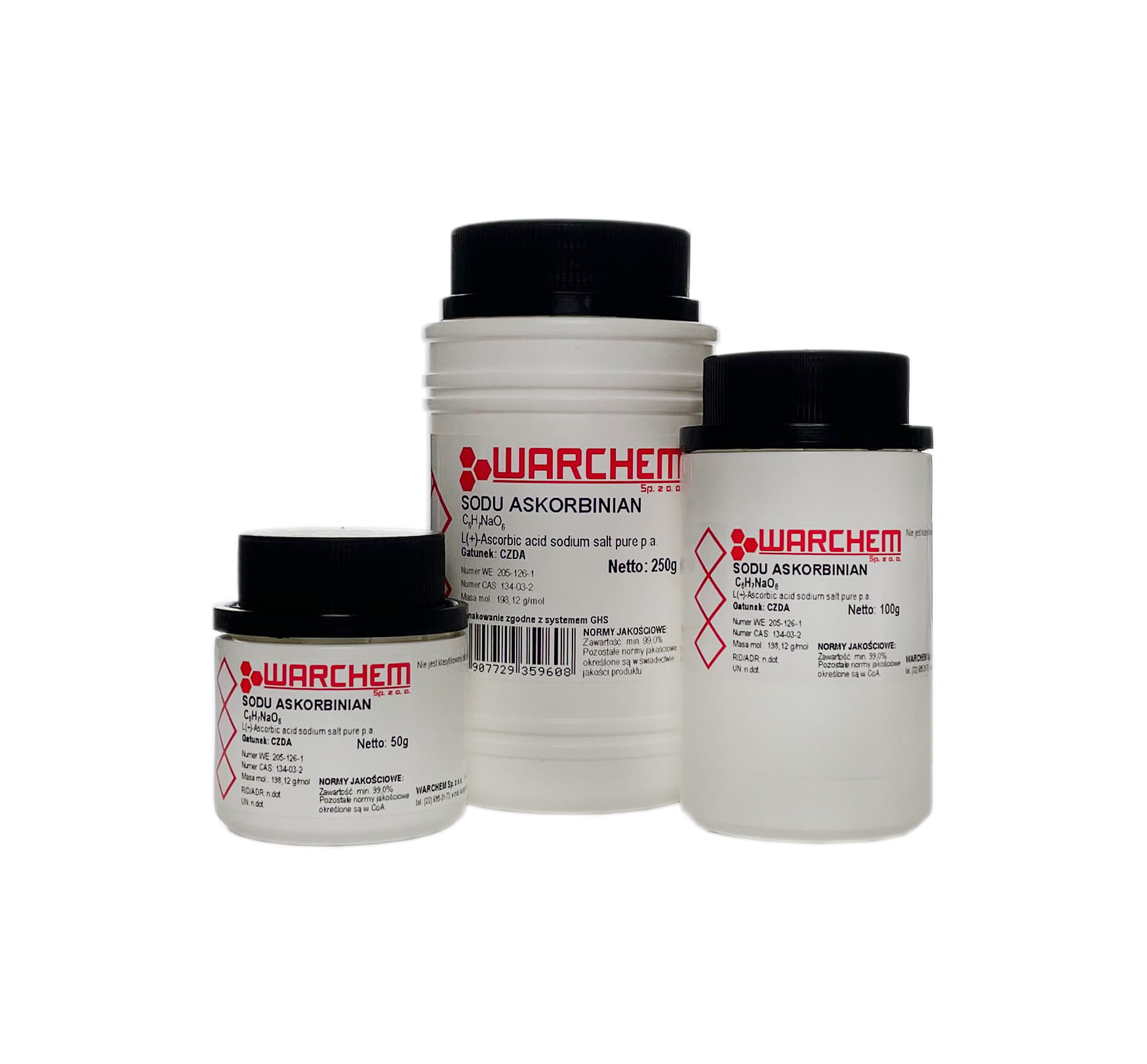 Reines Natriumascorbat in 25g Verpackung von Warchem, Vitamin C Pulver mit orangener Verpackung und Messlöffel.