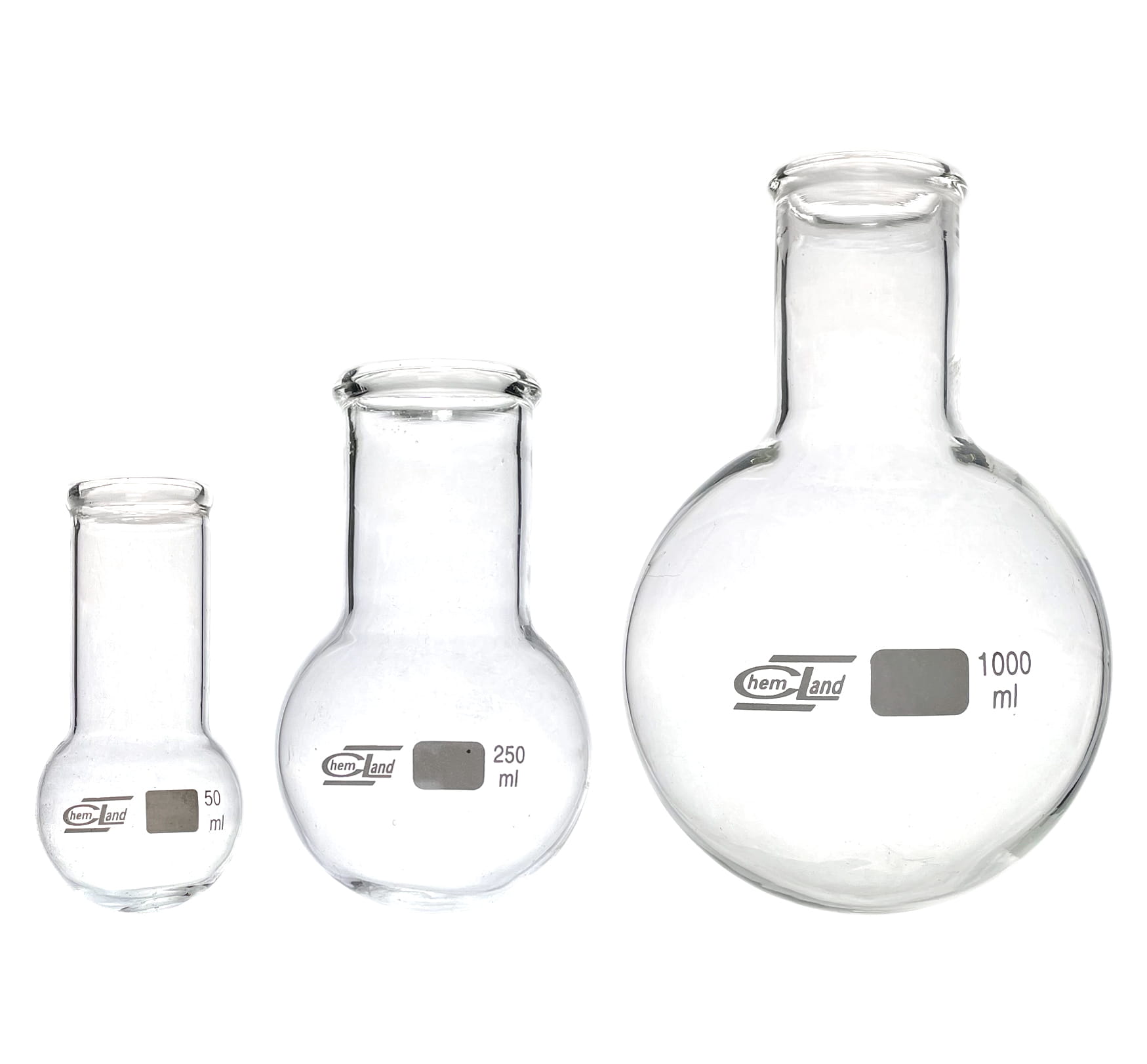 Runde Flasche mit 50 ml Weithals von WARCHEM, klare Glasflasche mit Schraubverschluss, ideal für Flüssigkeiten.