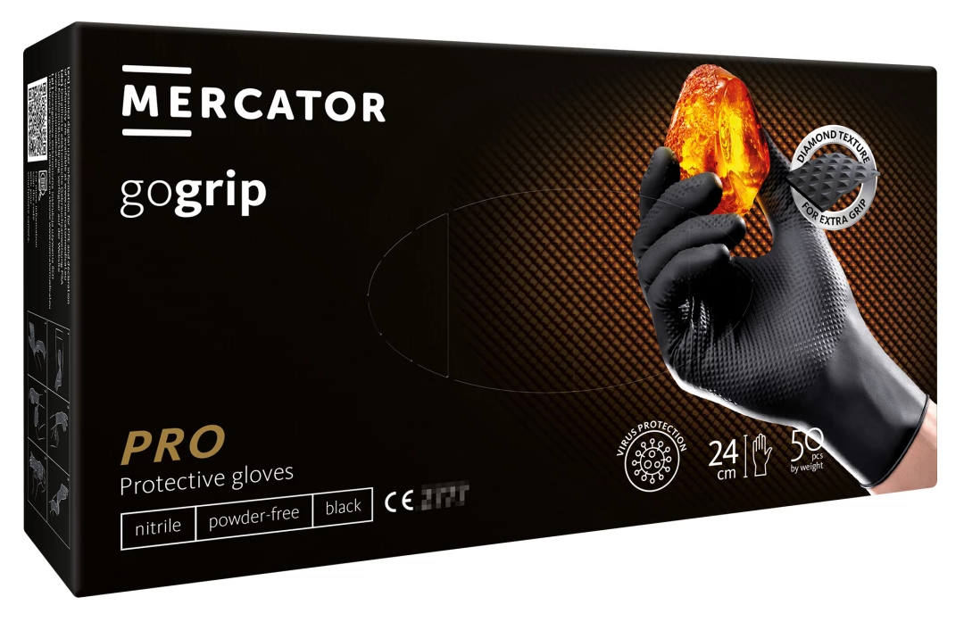 Schwarze Mercator Gogrip Warchim-Handschuhe von Warchim mit robustem Gogrip-Muster, ideal für Arbeit und Schutz.