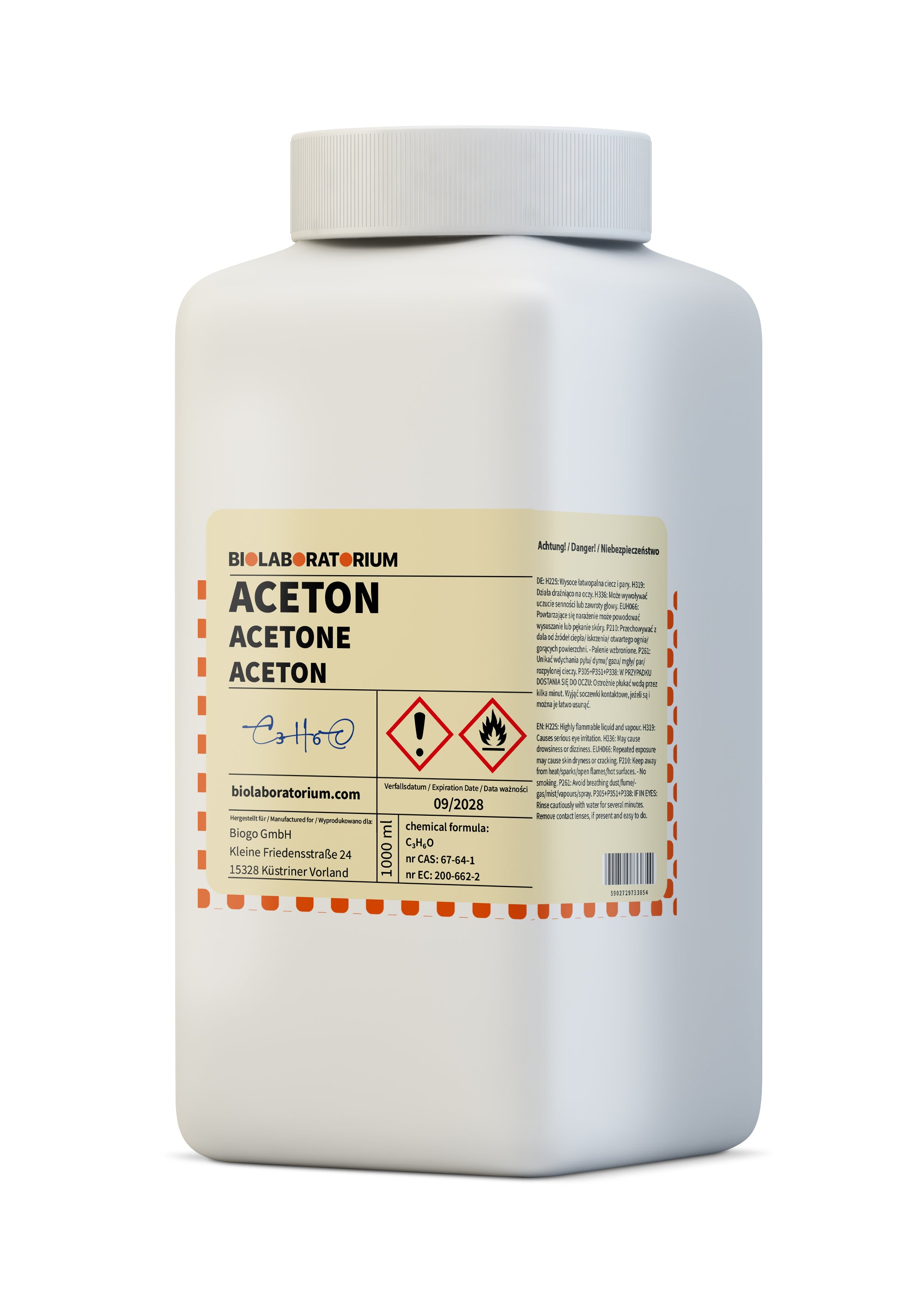 Chemikalie Aceton in 1L Flasche von BioLaboratorium, transparent und klar, für chemische Anwendungen in Laboren