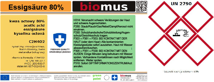 Essig-Essenz. Essigsäure 80% 20 L BIOMUS - Biolaboratorium