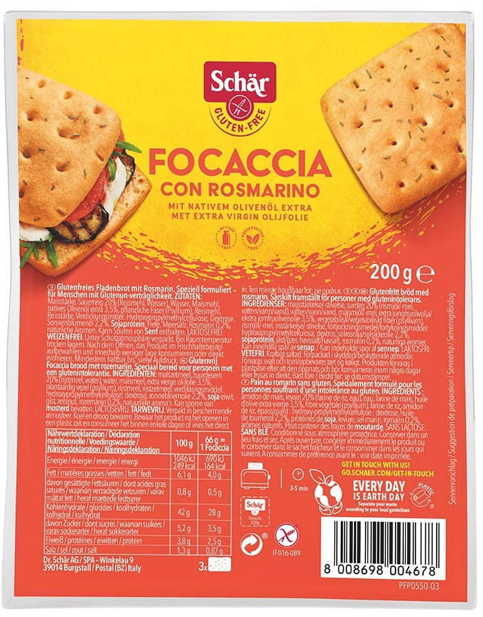 Glutenfreie Focaccia mit Rosmarin, 200 g, Schar MHD: 09-2026