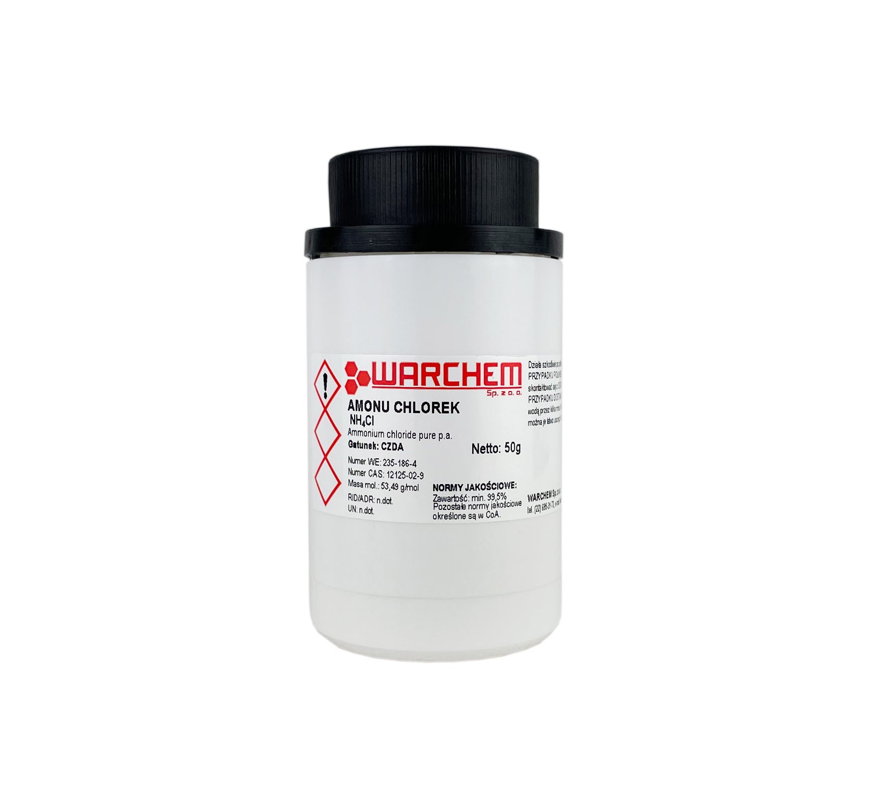 Rein ammoniumchlorid Pulver in 50g Verpackung von WARCHEM, weiße Kristalle auf weißem Hintergrund sichtbar