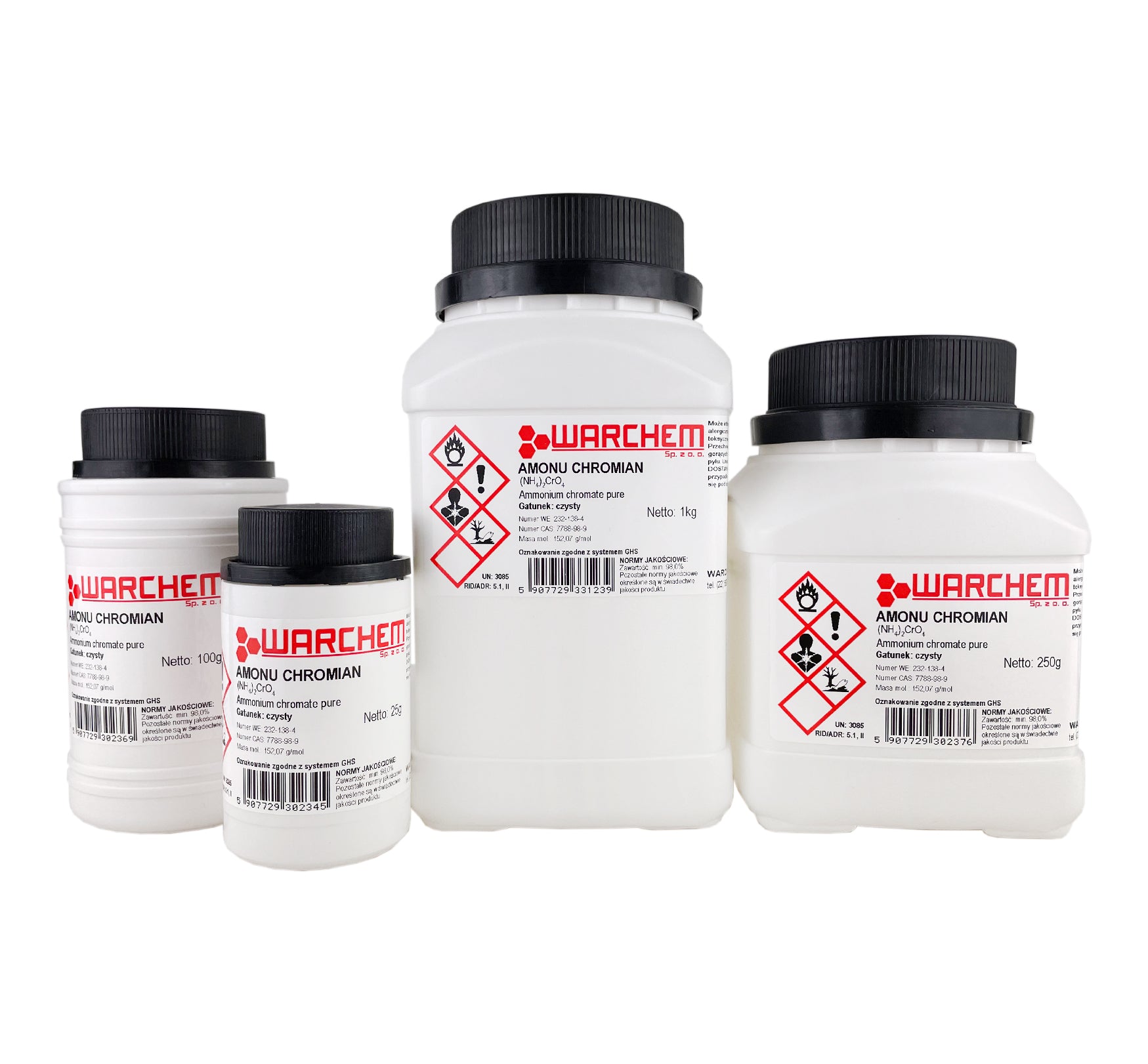 Reines Ammoniumchromat in 25g Verpackung von WARCHEM, chemischer Stoff für Laboranwendungen, auf weißem Hintergrund.