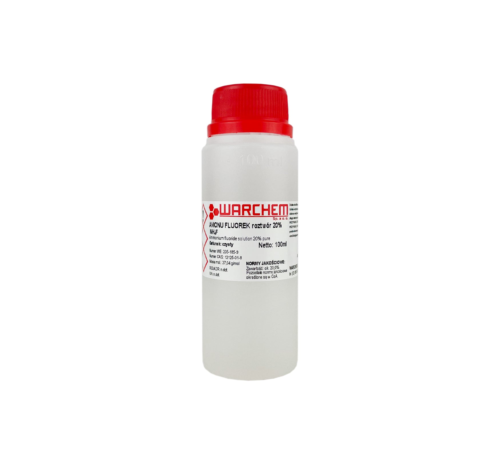 Rein ammoniumfluoridlösung 20 % in 100 ml Flasche von WARCHEM, klare Flüssigkeit in Laborflasche