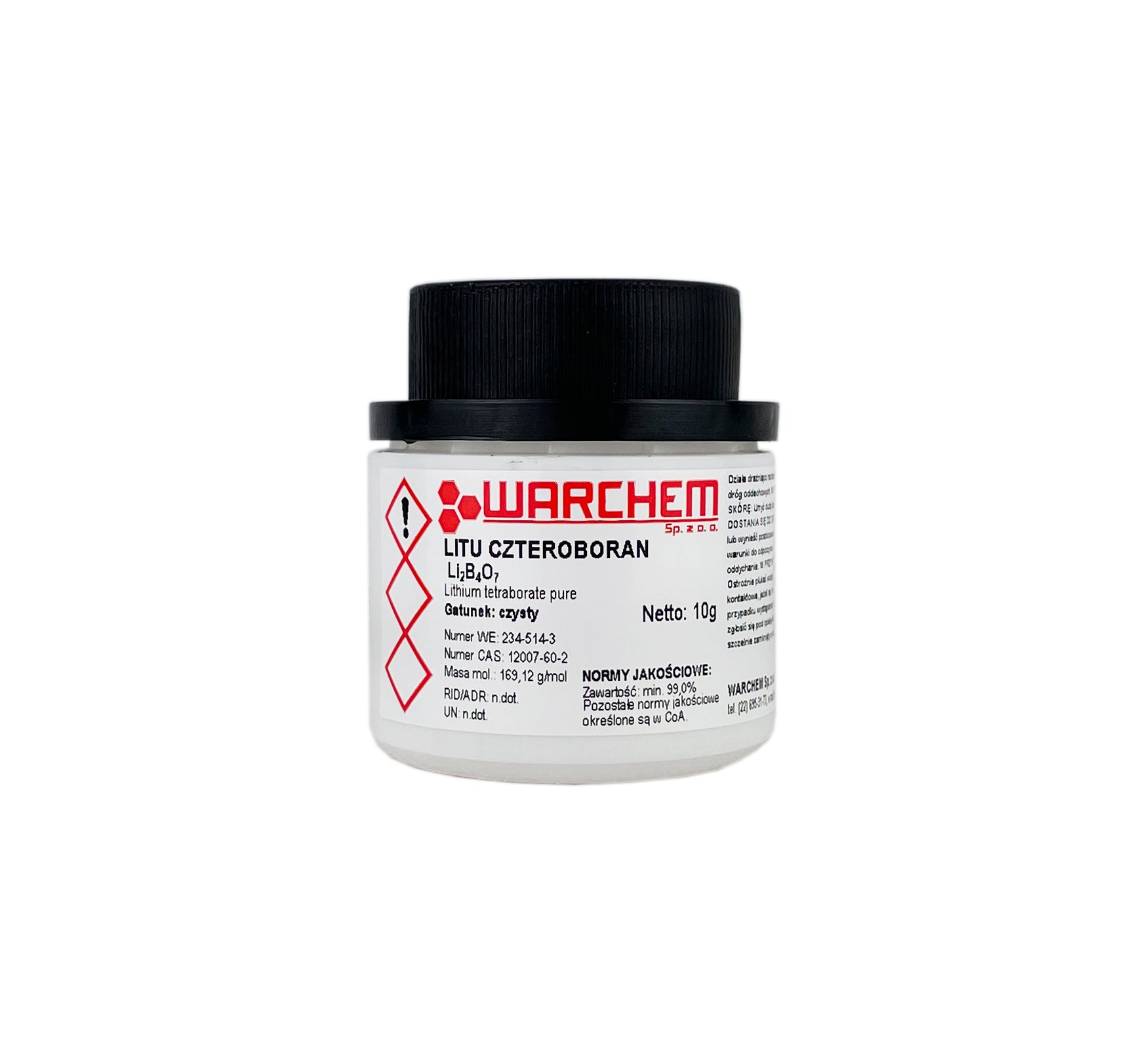 Reines Lithiumtetraborat in 10g Verpackung von WARCHEM, chemisches Pulver für Labor und industrielle Anwendungen.