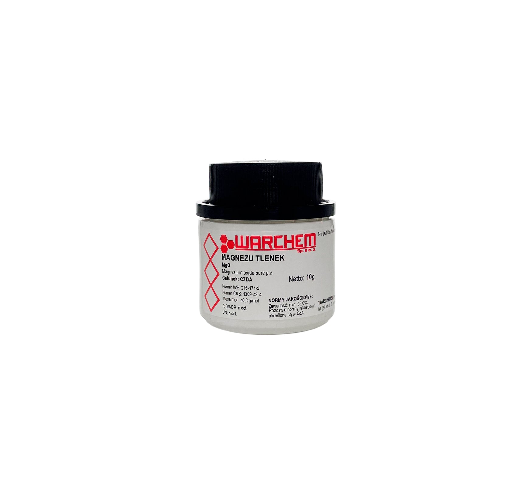Reines Magnesiumoxid in 10g Verpackung von WARCHEM, weiße Pulverform auf weißem Hintergrund