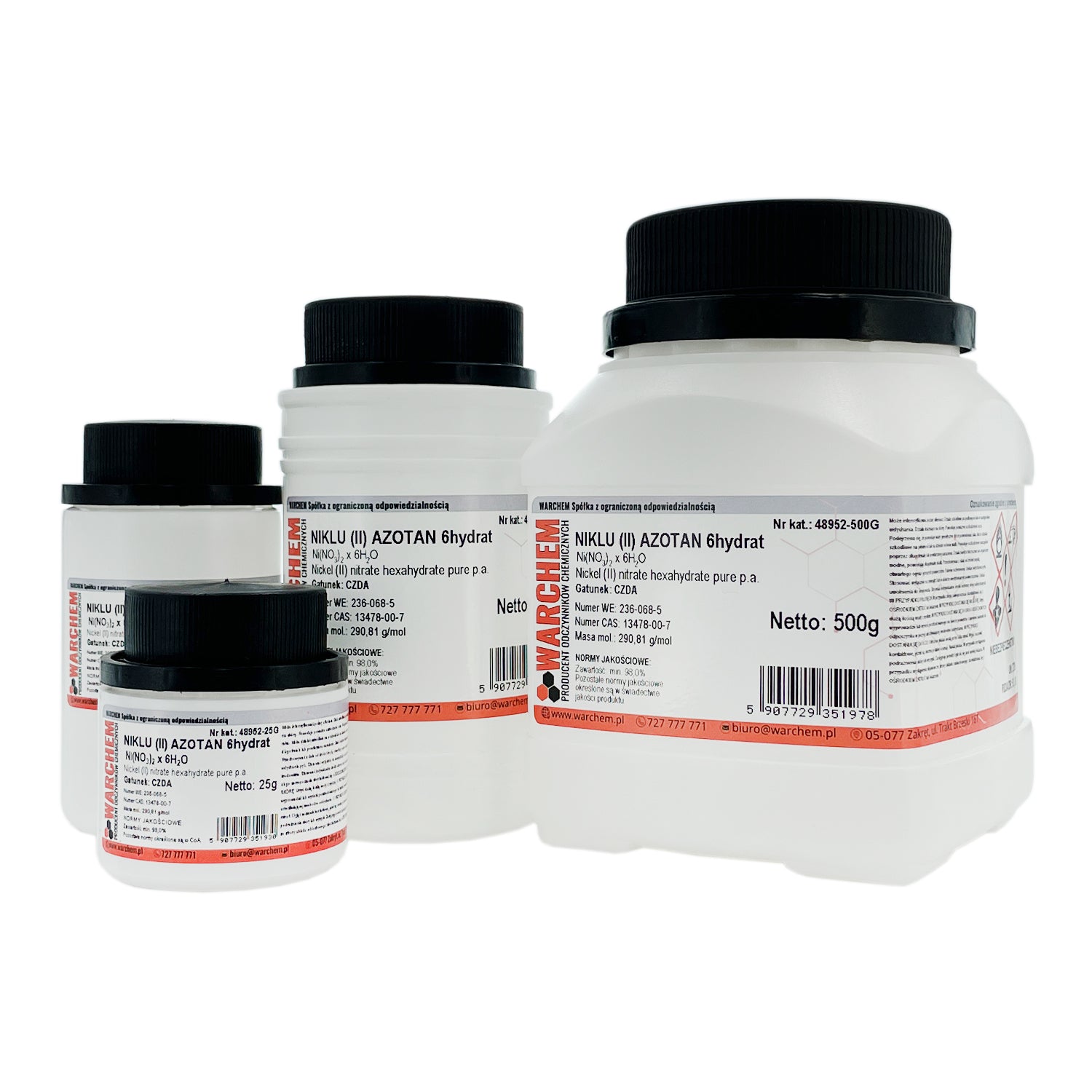 Rein Nickel(II)-Nitrat 6-hydrat in 10g Packung, chemische Verbindung, WARCHEM, glänzendes Kristallpulver auf weißem Hintergrund