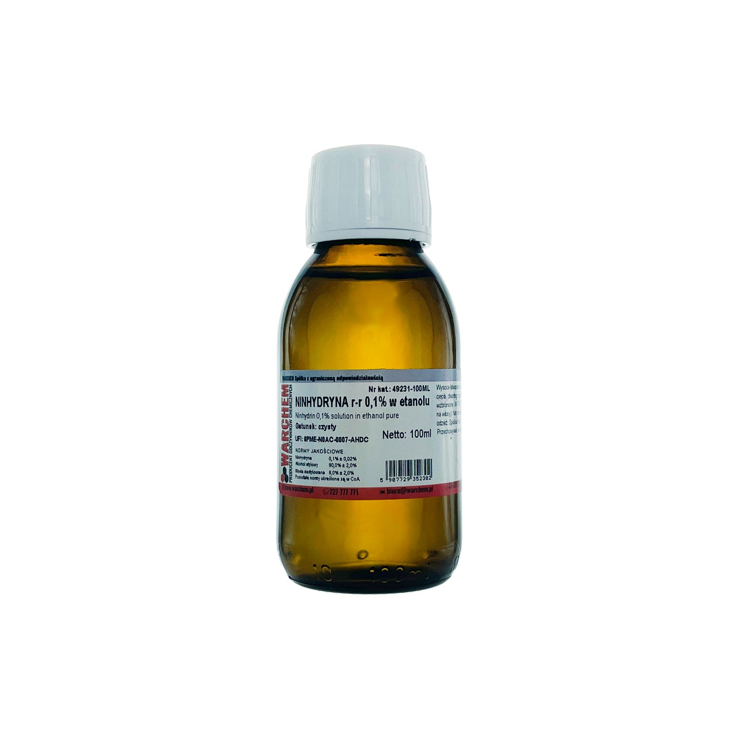 Flasche mit 100 ml NINHYDRYNA Lösung 0,1 % von WARCHEM, klare pharmazeutische Lösung in Glasflasche.