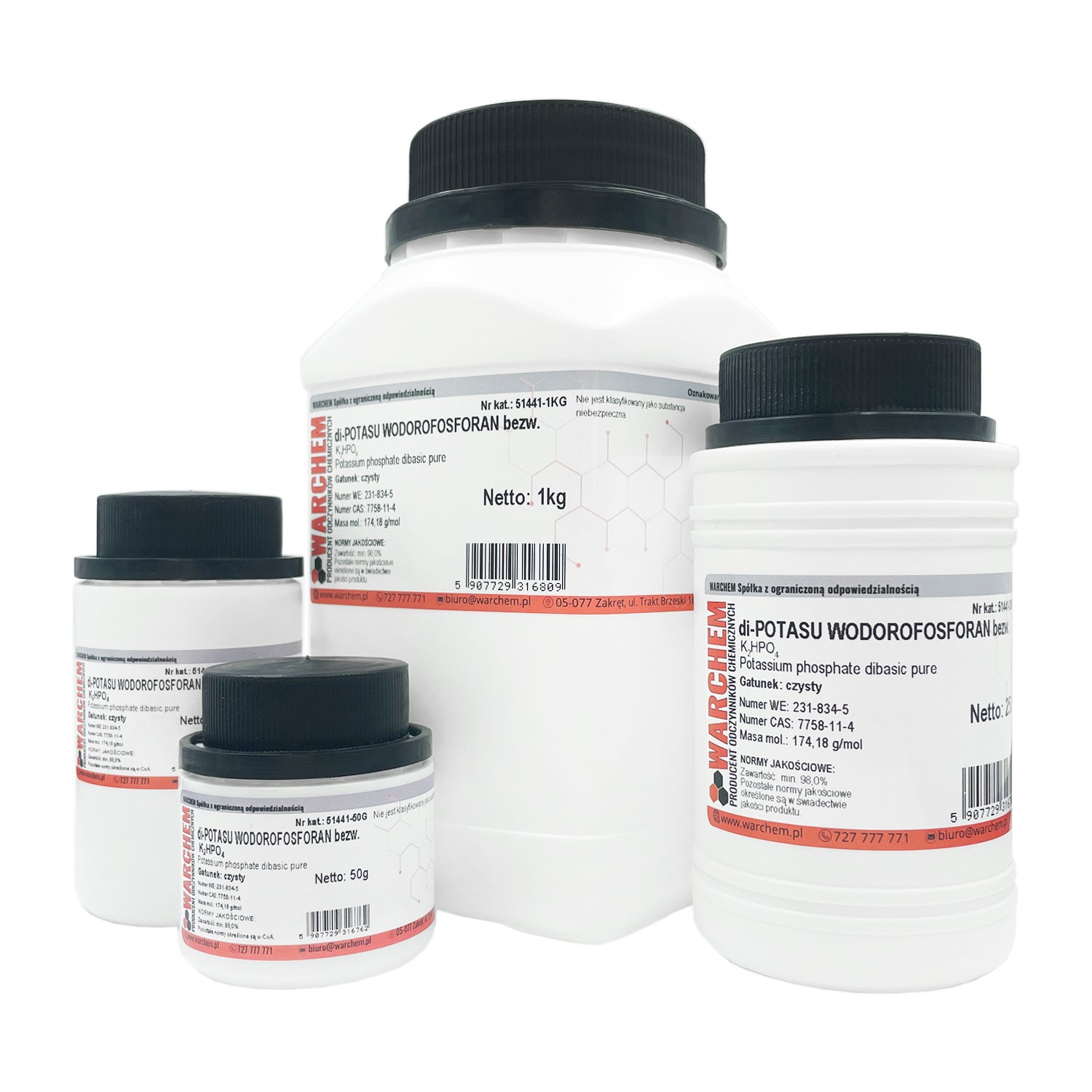 Reines wasserfreies Di-KALIUMHYDROPHOSAT Pulver, 50g, WARCHEM, fein gemahlen in einer weißen Verpackung.