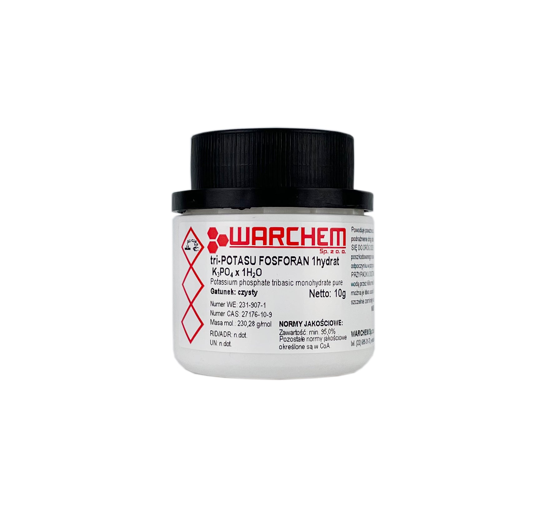 Reines Tri-Kaliumphosphat 1-Hydrat, 10g von WARCHEM, chemische Verbindung in transparentem Plastikbehälter.