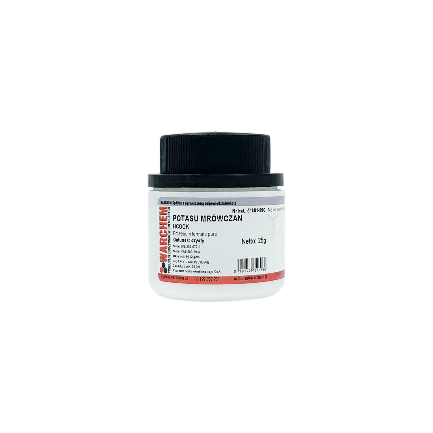 Reines KALIUMFORMAT - 25g WARCHEM in einer transparenten Verpackung, zeigt das Pulver in einem offenen Behälter
