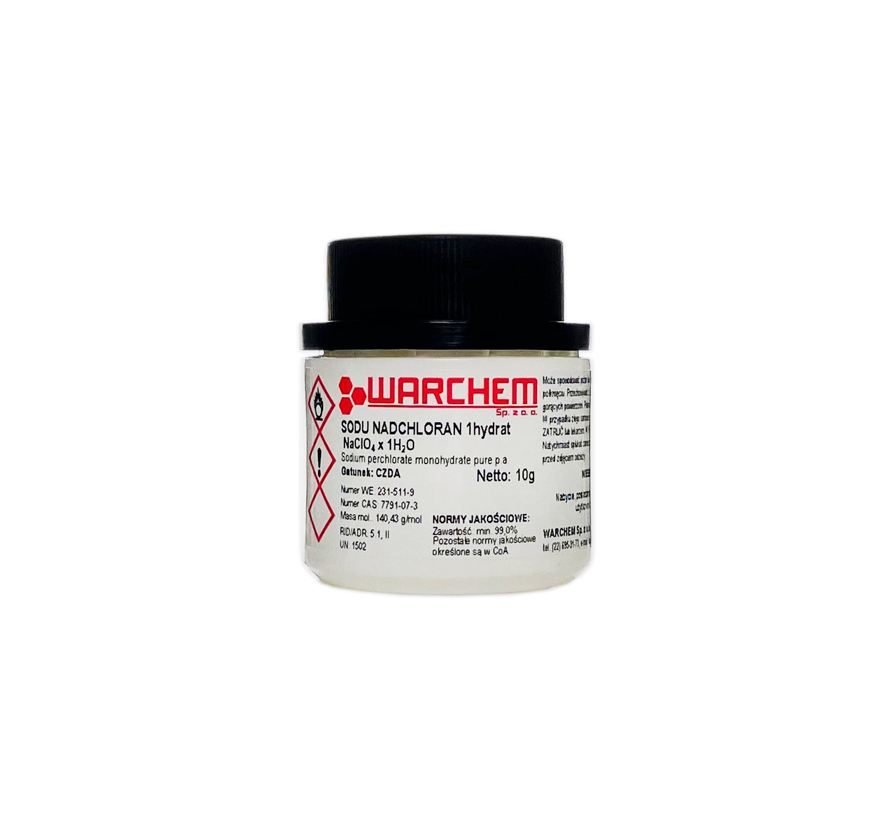 Rein Natriumchlorat 1-Hydrat, 10g WARCHEM, chemisches Pulver mit weißen Kristallen auf weißem Hintergrund