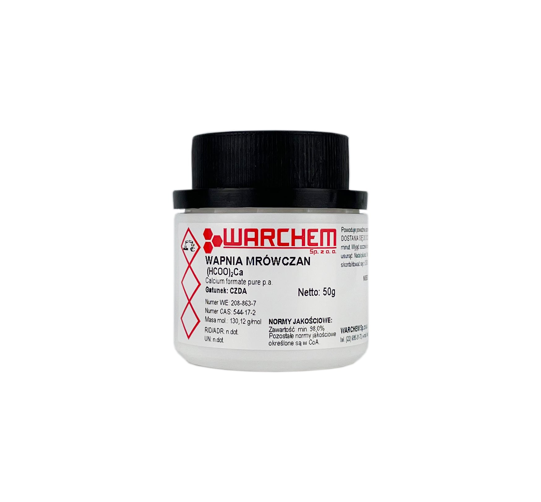 Calciumformat Rein 50g von Warchem, weiße Pulverpackung in einem Beutel mit blauer Beschriftung.