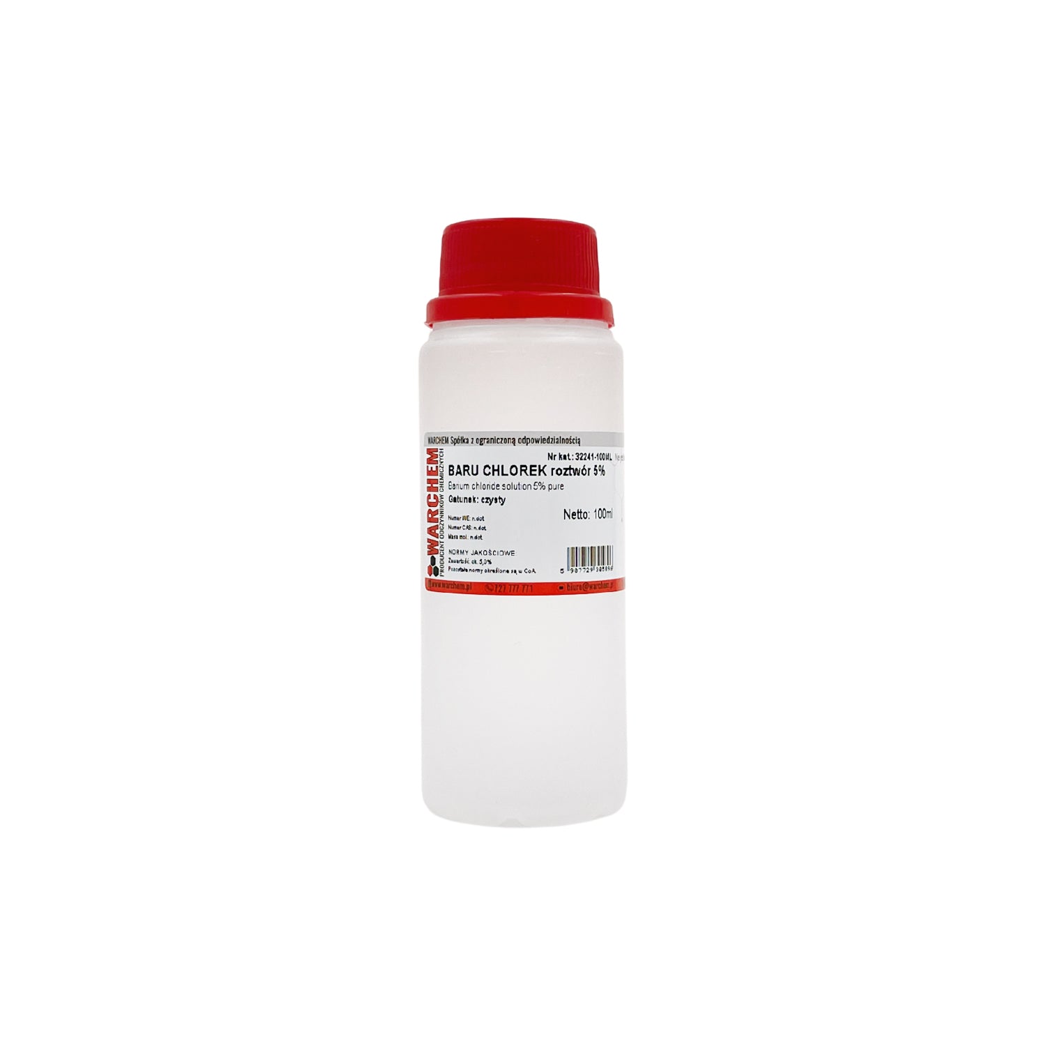 Bariumsalzlösung 5 % von WARCHEM, 100 ml Flasche, klare Flüssigkeit in transparentem Behälter.