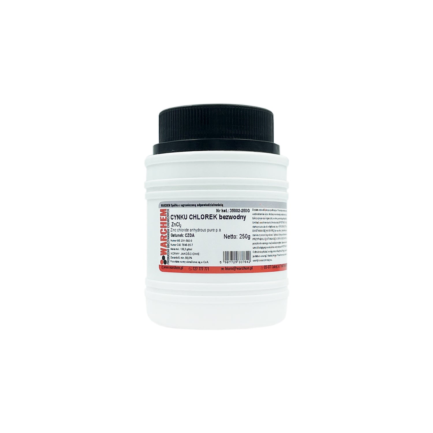 Wasserfreies Zinkchlorid, Reinigkeit 250g, WARCHEM, chemisches Reagenz, weiße Kristalle auf weißem Hintergrund