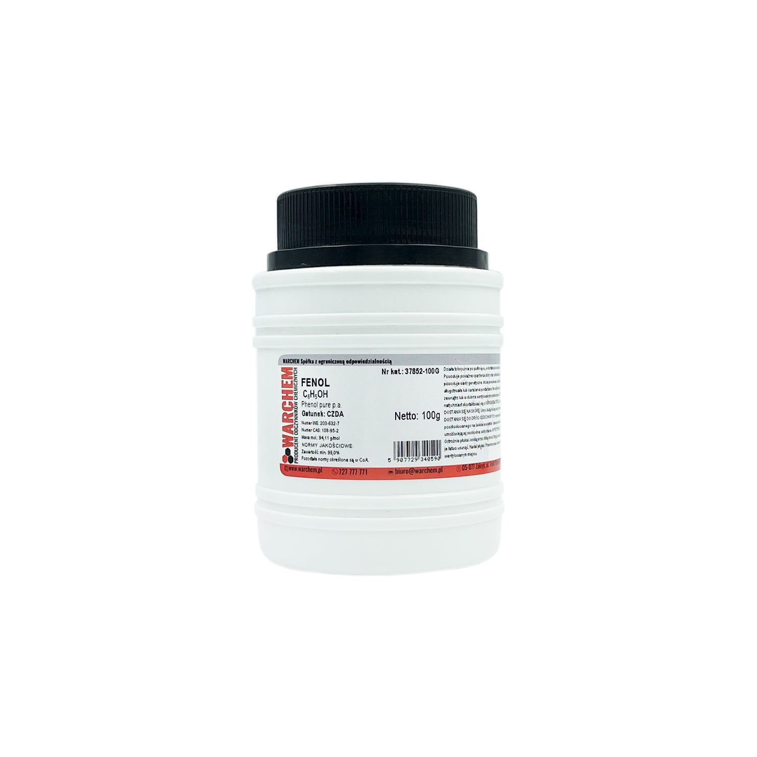 Reines Phenol in 100g Verpackung von WarChem, ADR-konformes chemisches Produkt, klare Flüssigkeit in Flasche