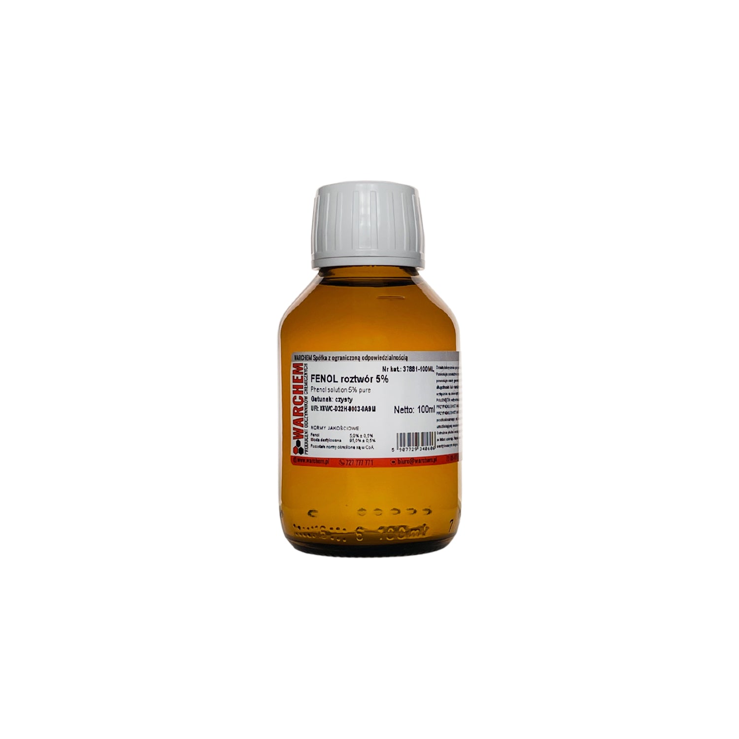 Hochwertige PHENOL-Lösung 5 % in 100 ml Flasche von WARCHEM, klare chemische Lösung in einem Laborglas.