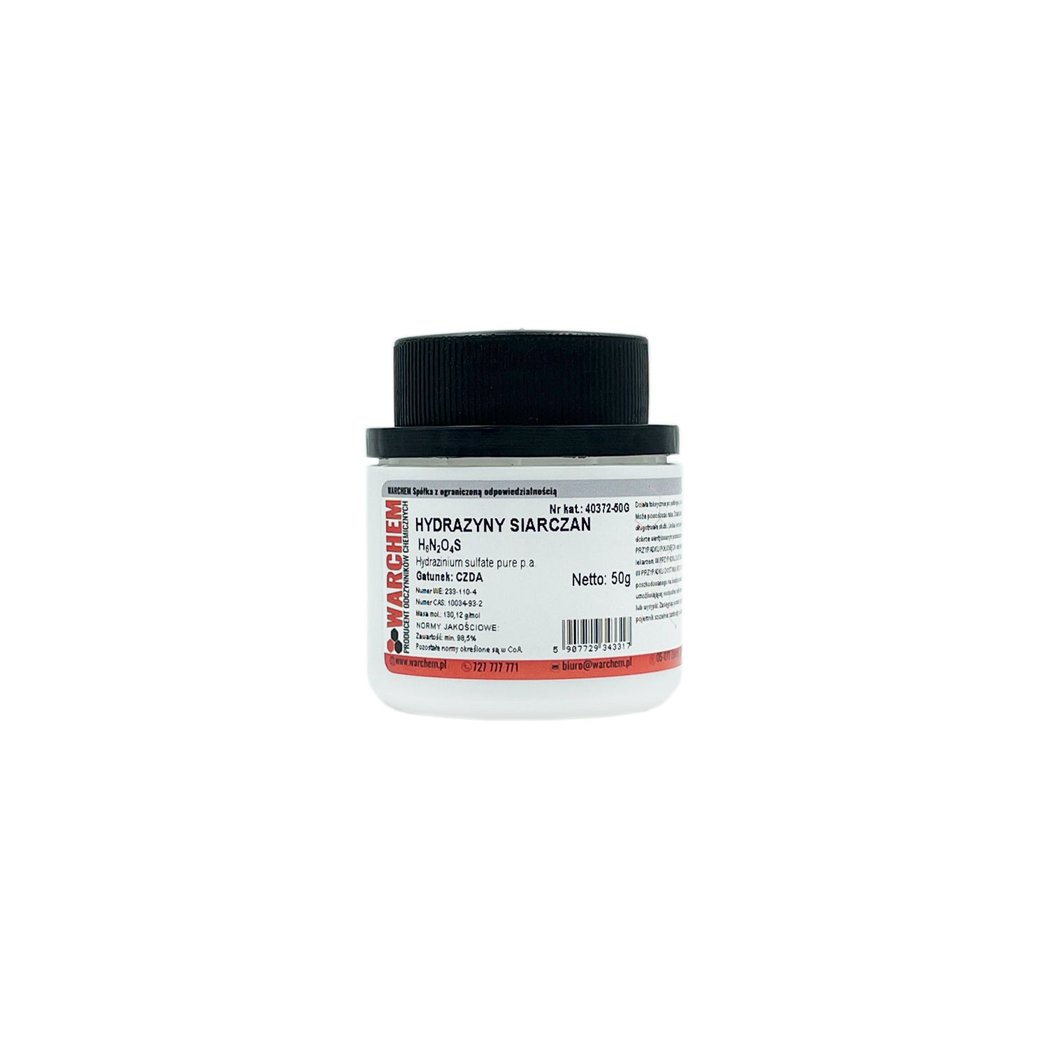 Reines Hydrazinsulfat von Warchem in 50g Verpackung, chemisches Reagenz mit weißem Kristallpulver.