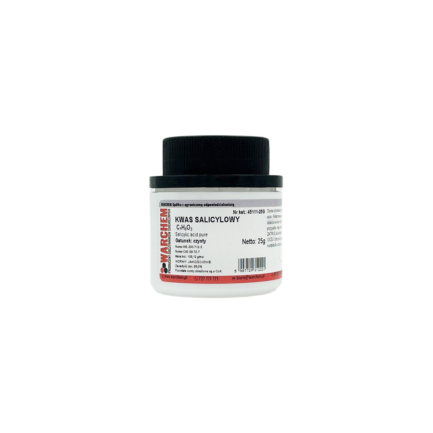 Reine Salicylsäure 25g von WARCHEM in einem Glasbehälter, klare Flüssigkeit, chemische Substanz für Hautpflege und Peeling.