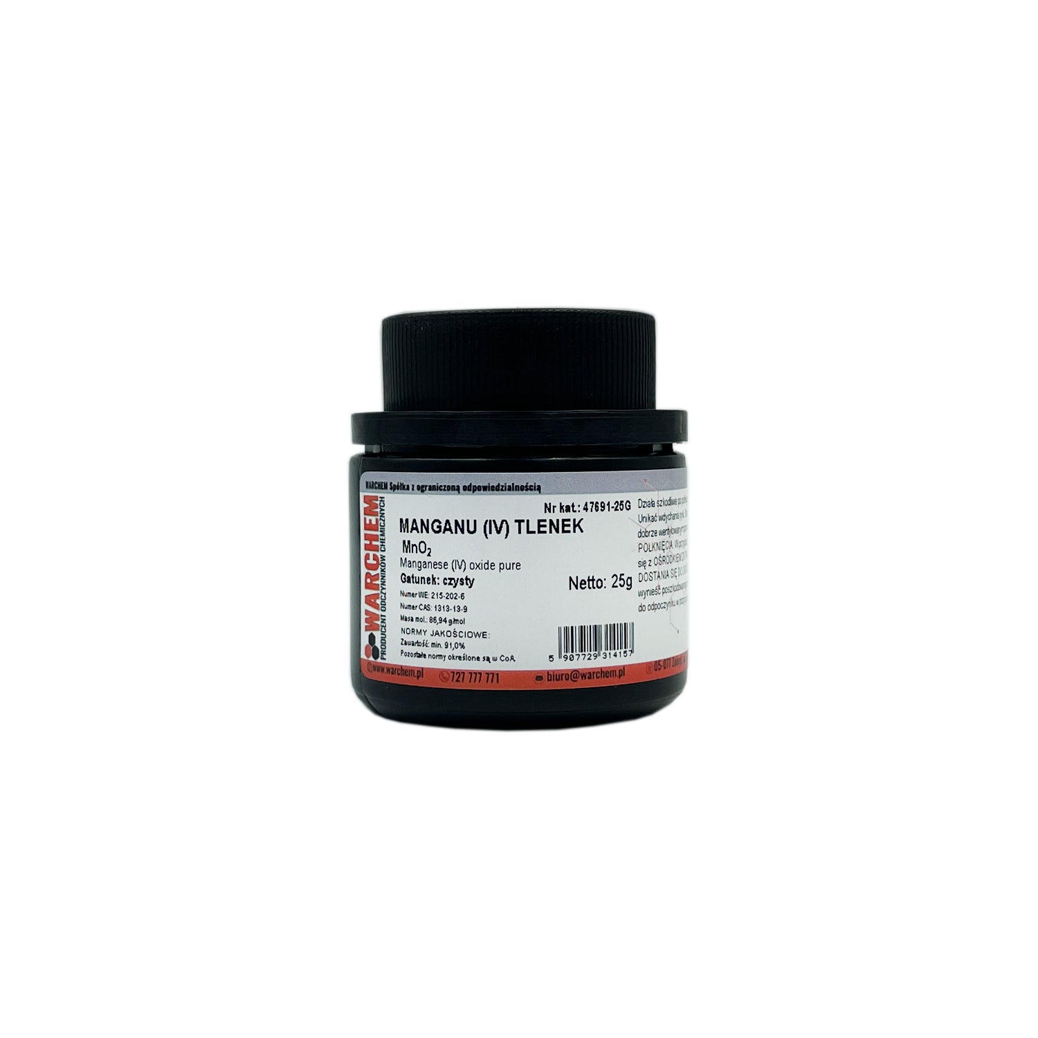 Reines Mangandioxid (IV) in 25g Verpackung von WARCHEM, chemische Substanz mit dunkelgrauer Farbe und kristalliner Struktur.