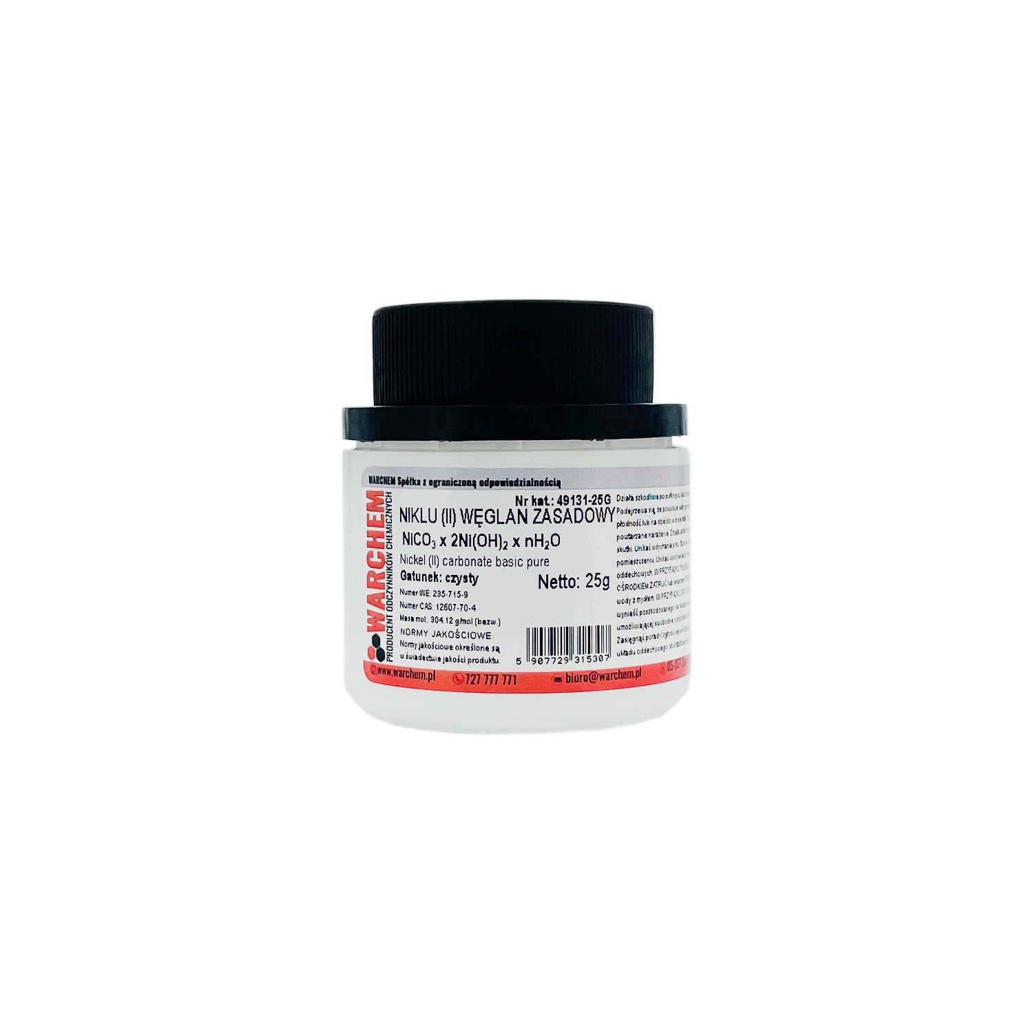 Reines Nickel(II)-Kohlenat alkalisch, 25 g, WARCHEM, chemische Substanz in Pulverform auf weißem Hintergrund