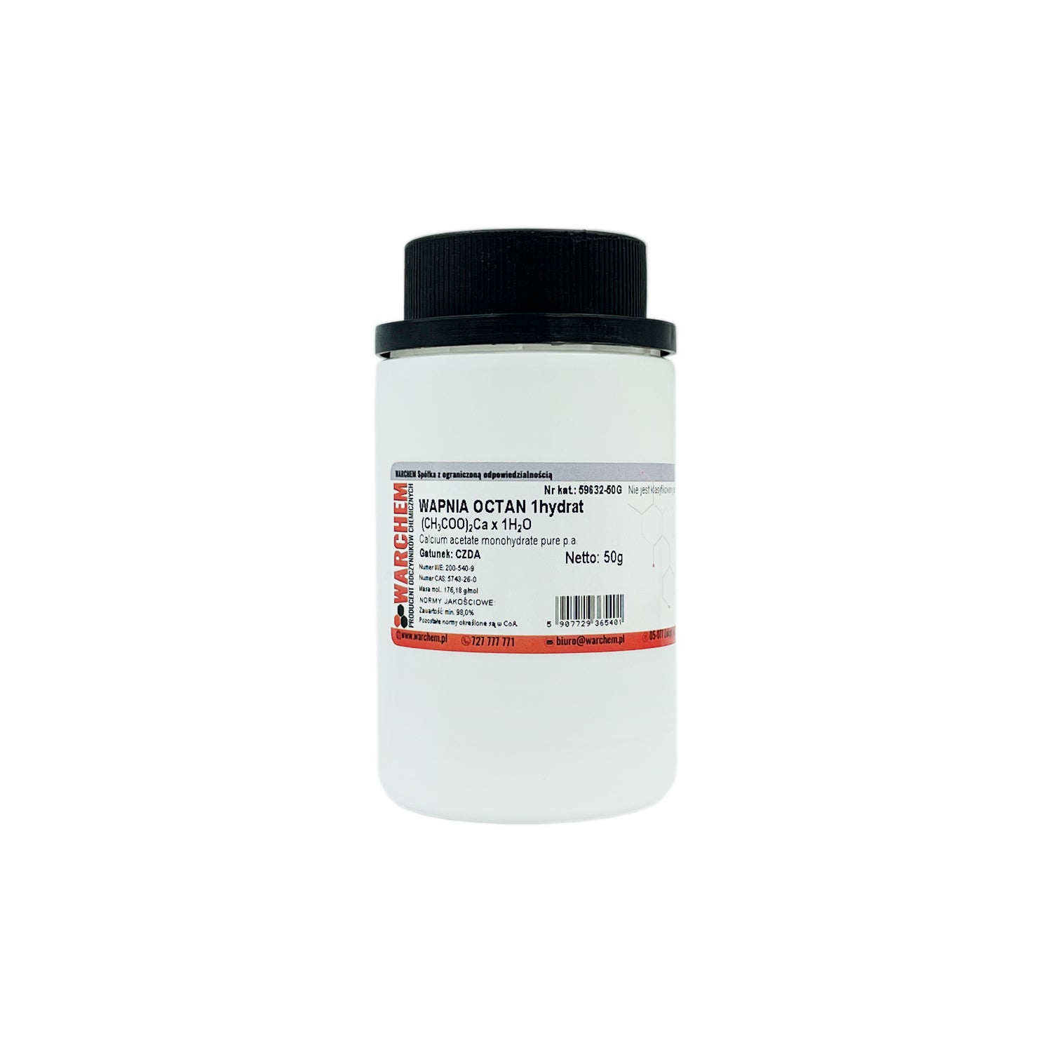Calciumacetat 1hydrat, 50g von WARCHEM, chemische Verbindung in einer weißen Verpackung, Nahaufnahme der Verpackung.