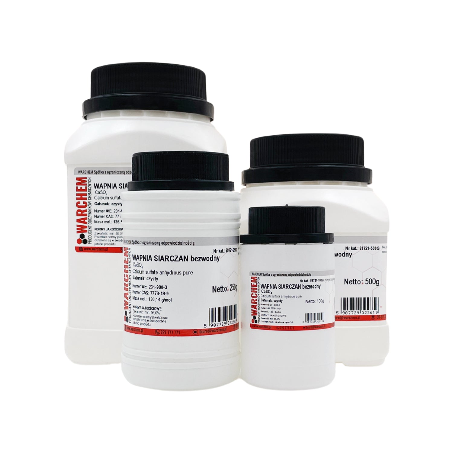 Reines wasserfreies Calcium Sulfat Pulver von WARCHEM, 100g, feines weißes Mineralpulver auf weißem Hintergrund.