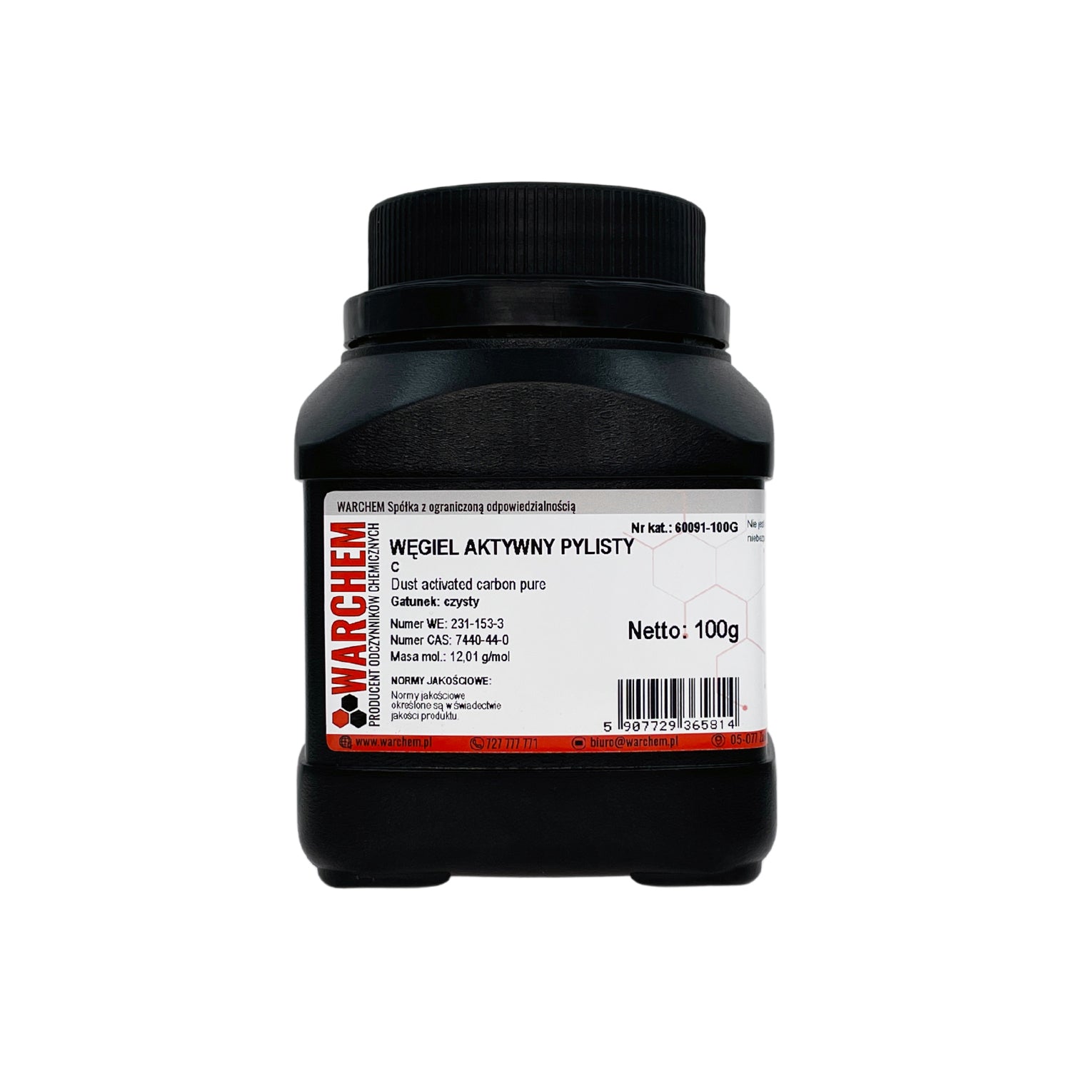 Reine 100g Staubaktivkohle von WARCHEM, feines schwarze Aktivkohle für Filter und Reinigung, auf weißem Hintergrund.