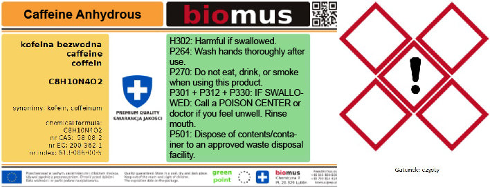 Wasserfreies Koffein Coffeinum 20kg BIOMUS - Biolaboratorium
