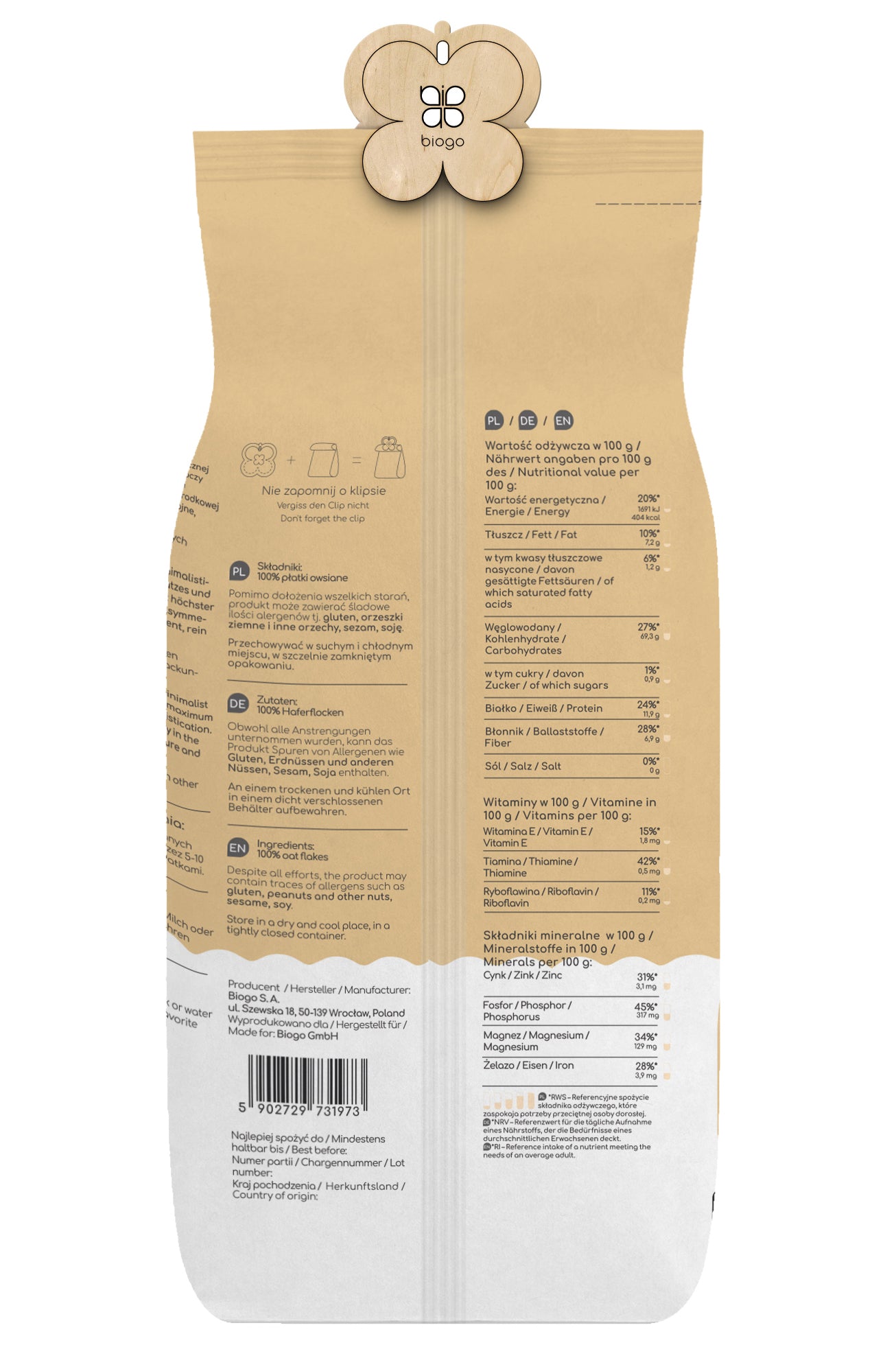 Haferflocken 800 g BIOGO - Biolaboratorium