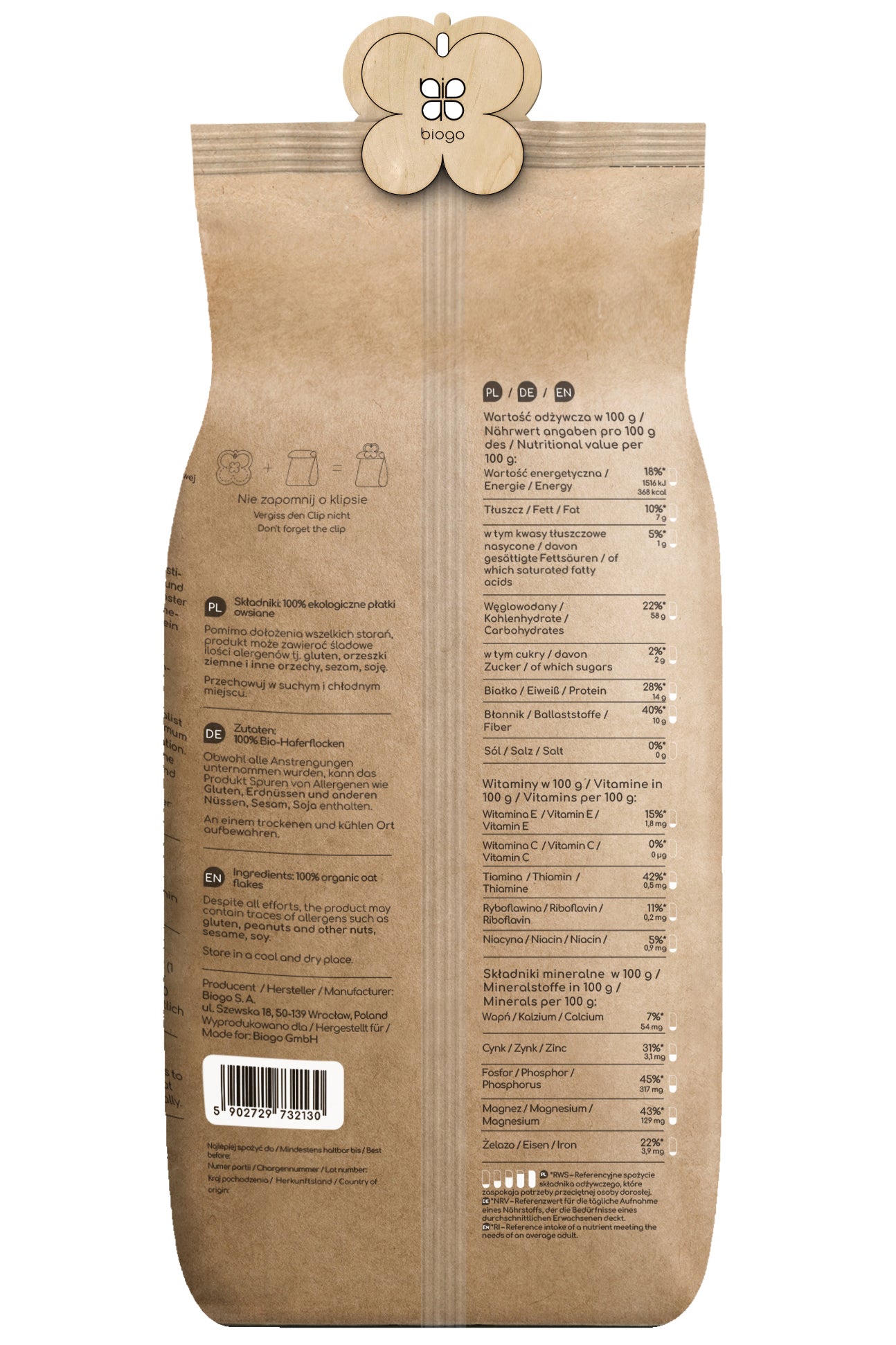 Haferflocken bio 600 g BIOGO - Biolaboratorium