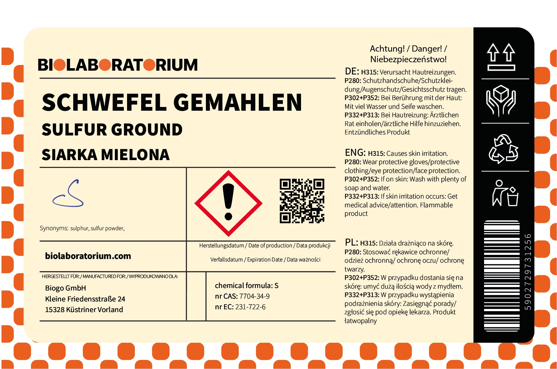 Gemahlener Schwefel 1kg BIOLABORATORIUM - Biolaboratorium