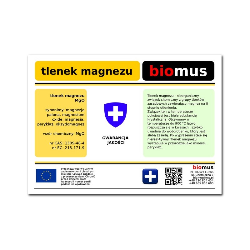 Magnesiumoxid. Geröstete Magnesia 87% WEISS 5kg BIOMUS - Biolaboratorium