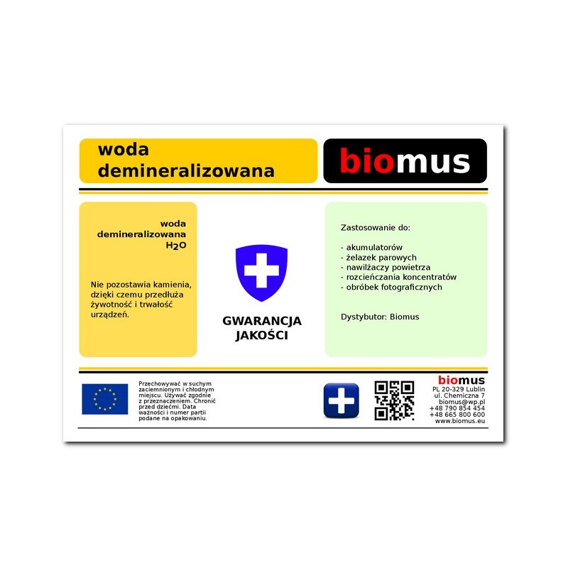Demineralisiertes Wasser 1L BIOMUS - Biolaboratorium