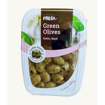 Entsteinte grüne Oliven mit Knoblauch und Basilikum Fresh Pack 200g