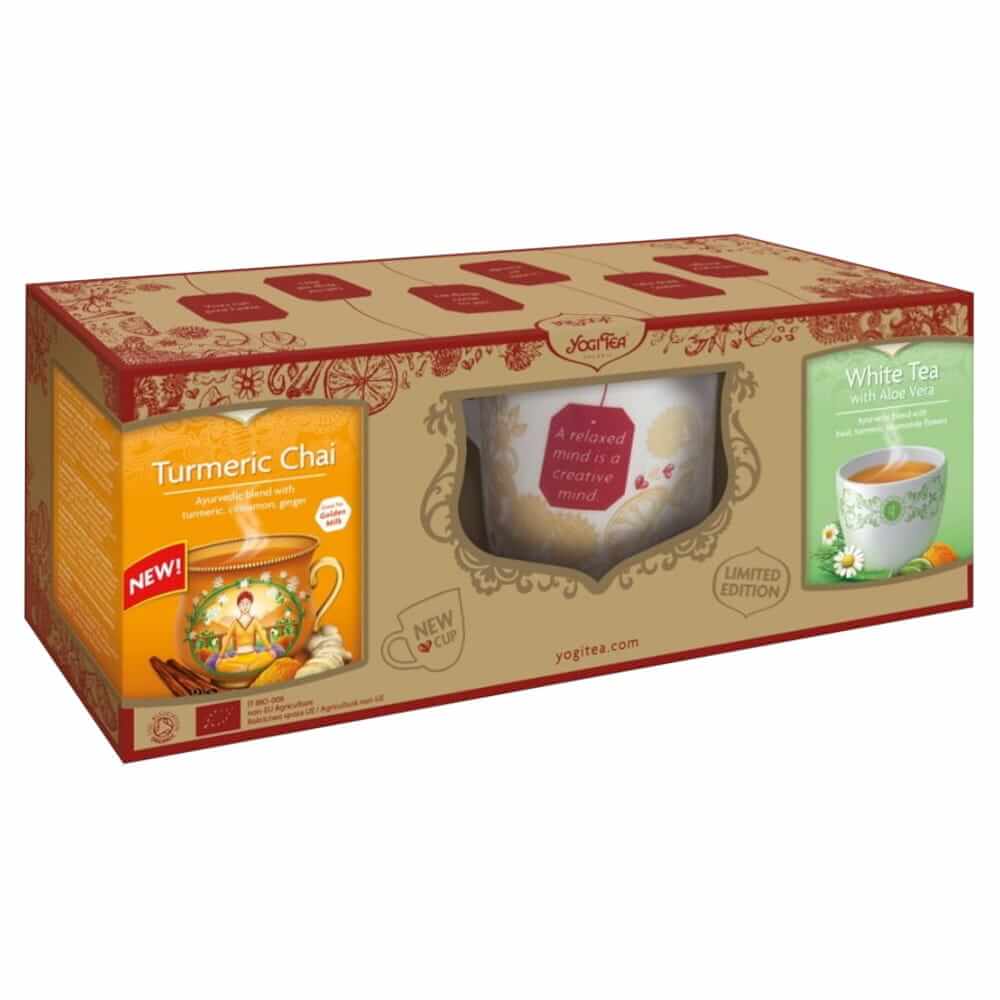 Goldener Chai-Tee mit Kurkuma BIO 34 g Weißer Tee mit Aloe Vera mit einer Tasse BIO 306 g) - YOGI TEA