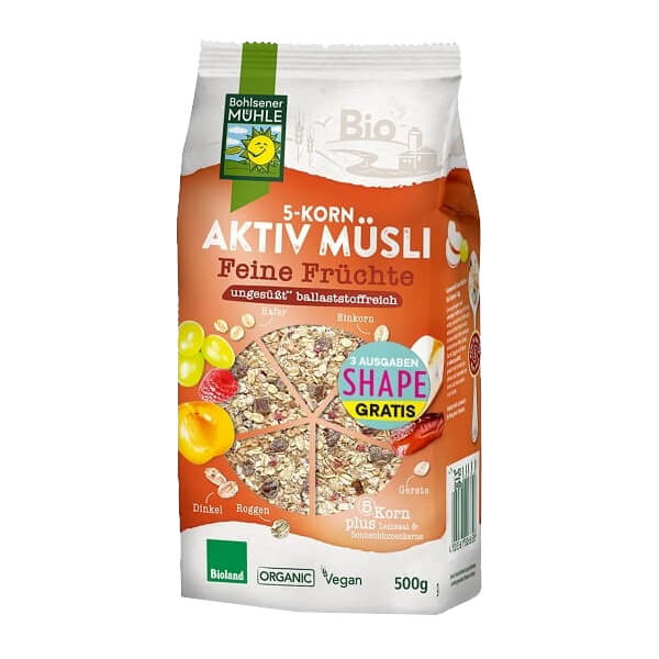 Müsli 5 Cerealien mit Früchten ohne Zuckerzusatz BIO 500 g - BOHLSENER MÜHLE