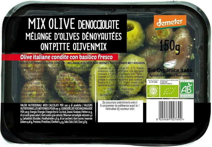 Olivenmischung ohne Kerne in Salzlake Schale BIO 150 g - BIO ORGANICA ITALIA