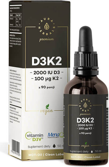 Vitamin D3 D - 3 2000iu + K - 2 K2MK7 100 mcg Flüssigkeit 50 ml AURA HERBALS PREMIUM