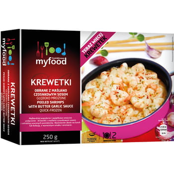 Gefrorene geschälte Garnelen mit Butter-Knoblauch-Sauce MyFood 250g