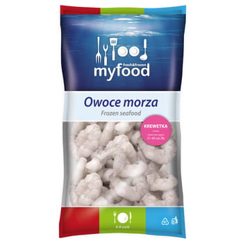 Gefrorene weiße rohe geschälte Garnelen ohne Schwanz 31-40 Stk. MyFood 800g