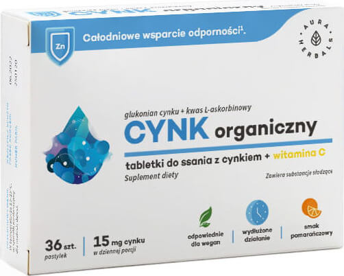 Organisches Zink 15 MG Zinkgluconat + L - Ascorbinsäure 36 Lutschtabletten AURA HERBALS