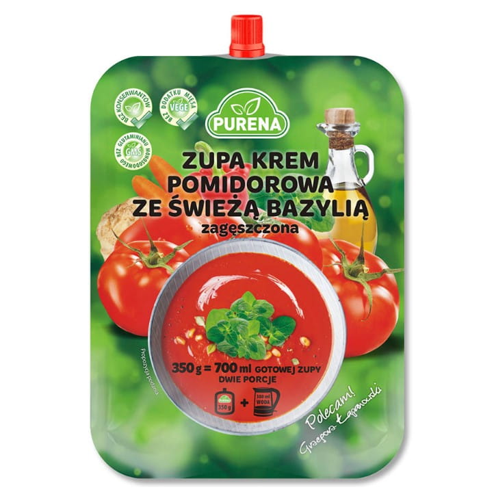 Tomatencremesuppe mit frischem Basilikum, gebunden 350g PURENA ... Tomatencremesuppe mit frischem Basilikum, gebunden 350g PURENA ...