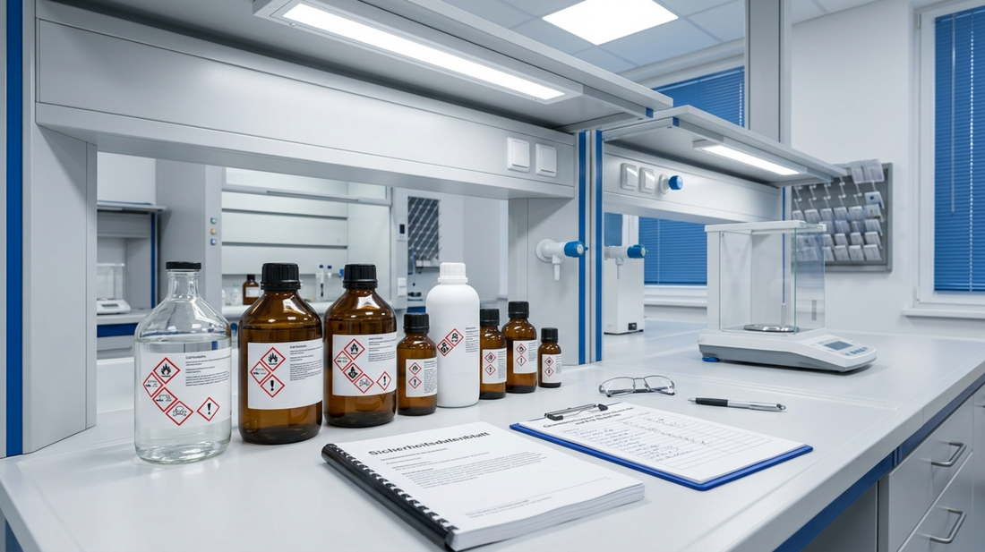 CLP-Kennzeichnung auf Laborchemikalien mit Gefahrensymbolen und Sicherheitsdatenblatt in einem professionellen Chemielabor