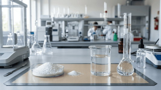 Vergleich von Natriumpercarbonat und Wasserstoffperoxid in einer modernen Laborumgebung mit Laborgeräten und chemischen Reagenzien.