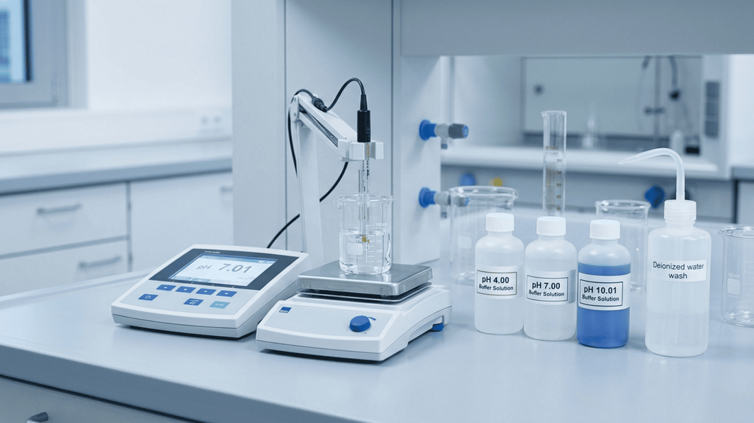 Kalibrierung eines digitalen pH-Meters mit Pufferlösungen in einem professionellen Chemielabor