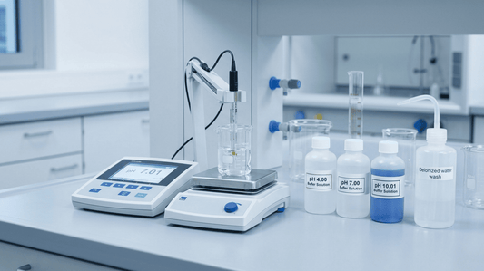 Kalibrierung eines digitalen pH-Meters mit Pufferlösungen in einem professionellen Chemielabor