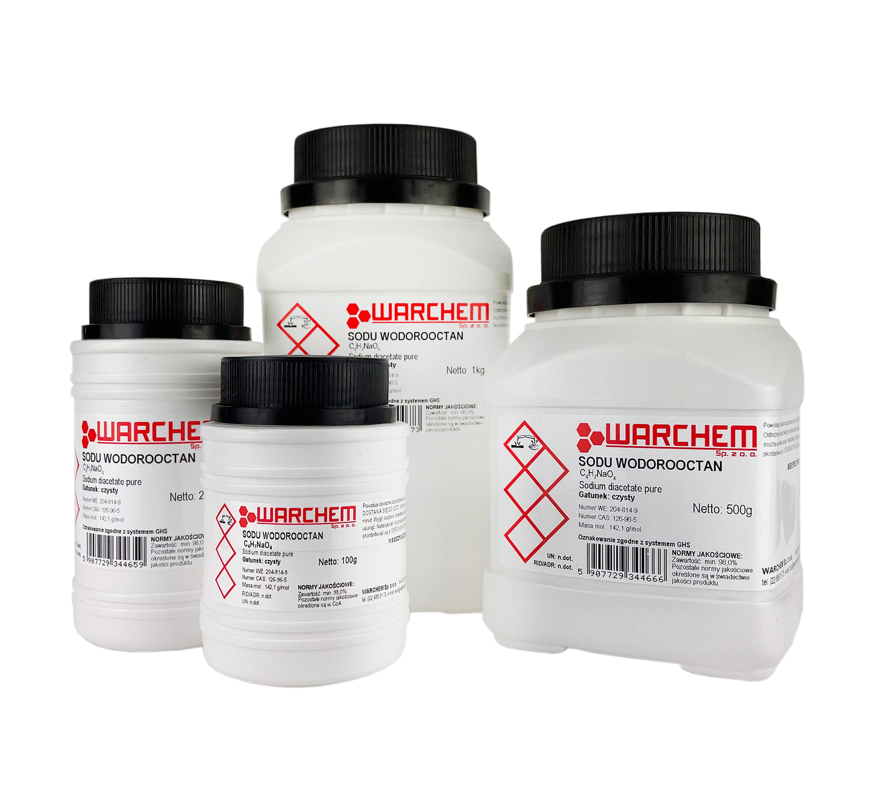 Reines Natriumhydroacetat in 100g Verpackung von WARCHEM, chemische Substanz für Labor und Industrie.